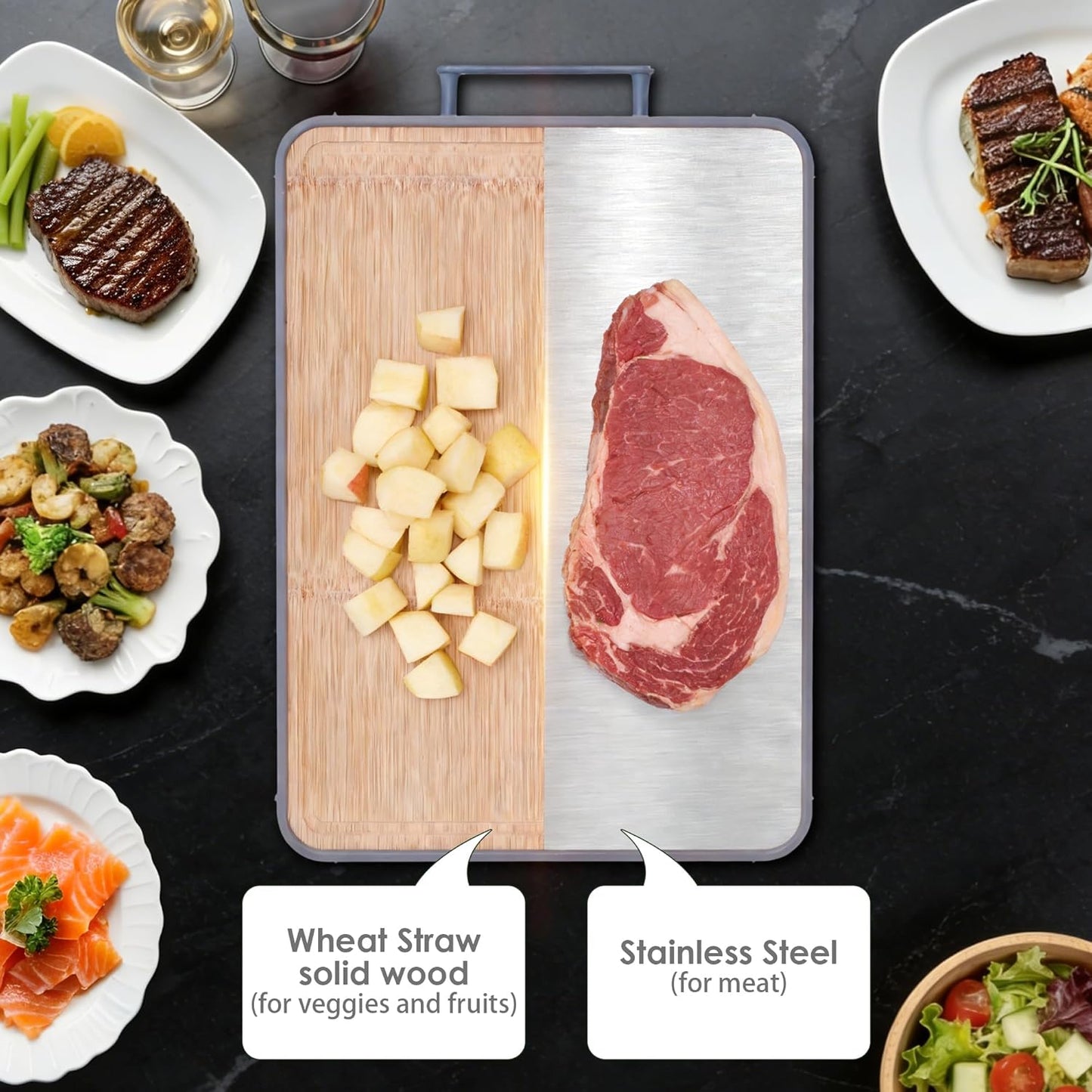 Stainless Steel Cutting Boards for Kitchen, 16"x12" Bamboo Cutting Board Double Sided Food Grade, Pure Titanium/Bamboo Kitchen Gadgets Chopping Board
