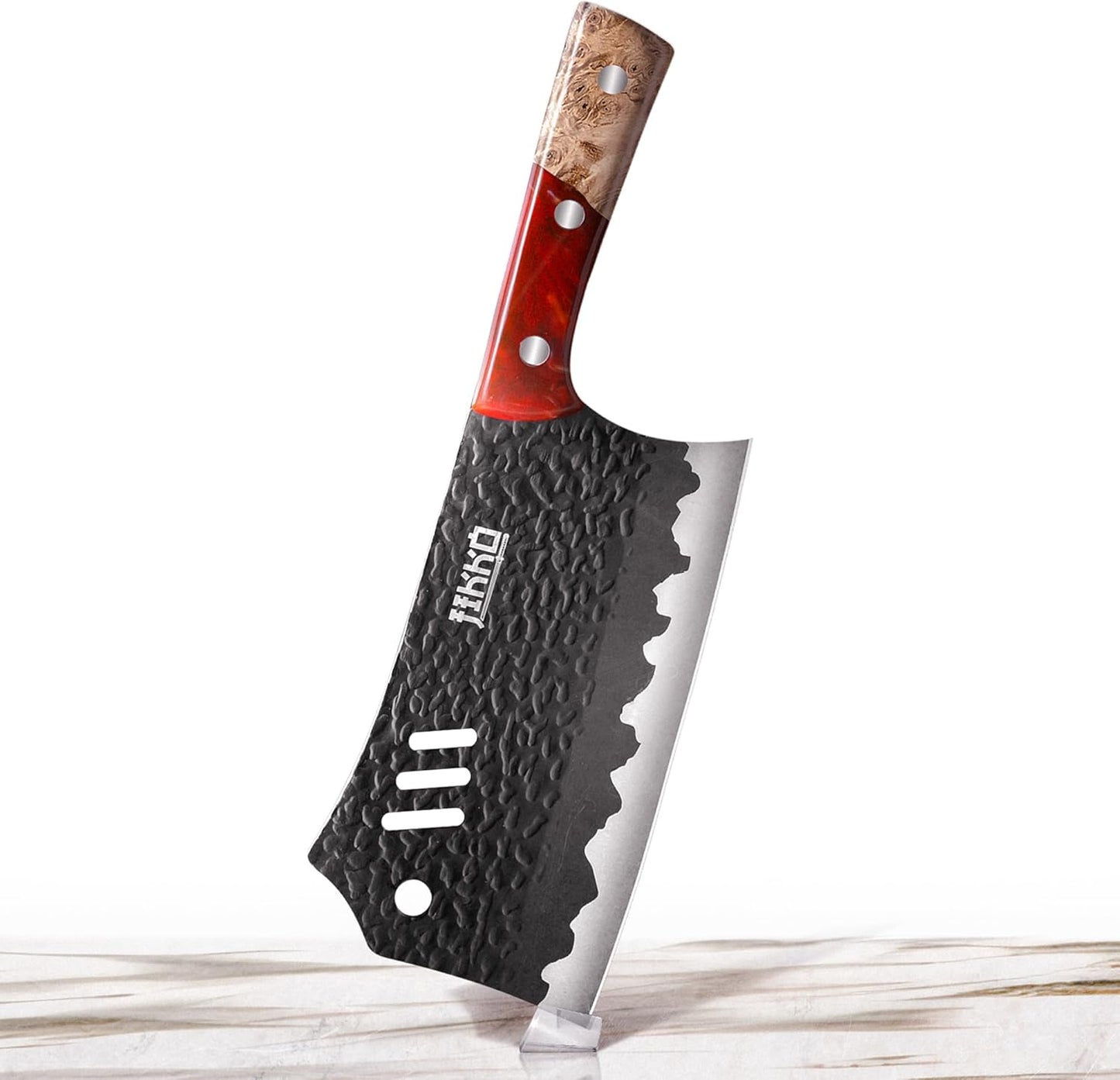 Japanese Meat Cleaver Knife Phoenix Edition Cleaver, 7.3" Blade, Forged Hammered Blade, Olive Wood & Resin Handle, Butcher Knife Cleaver, Japanese Kitchen Knife