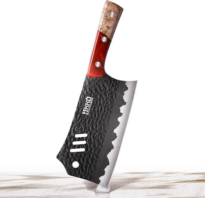 Japanese Meat Cleaver Knife Phoenix Edition Cleaver, 7.3" Blade, Forged Hammered Blade, Olive Wood & Resin Handle, Butcher Knife Cleaver, Japanese Kitchen Knife