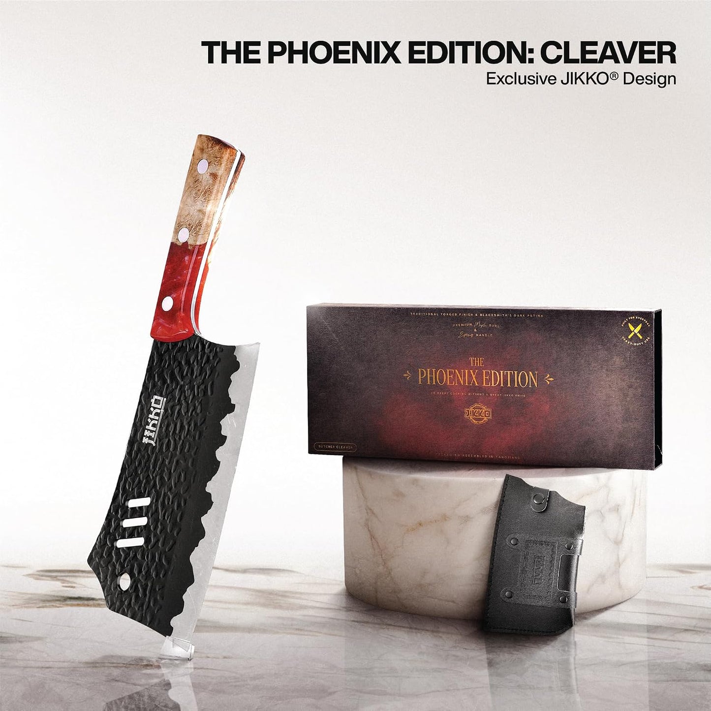 Japanese Meat Cleaver Knife Phoenix Edition Cleaver, 7.3" Blade, Forged Hammered Blade, Olive Wood & Resin Handle, Butcher Knife Cleaver, Japanese Kitchen Knife