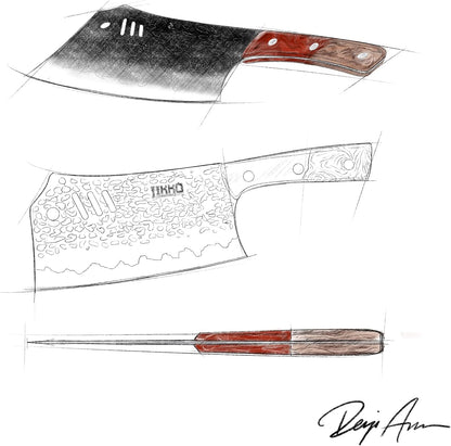 Japanese Meat Cleaver Knife Phoenix Edition Cleaver, 7.3" Blade, Forged Hammered Blade, Olive Wood & Resin Handle, Butcher Knife Cleaver, Japanese Kitchen Knife