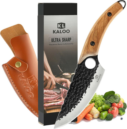 Japanese Chef Knife, Kaloo High Carbon Steel Hand Forged Butcher Viking Cleaver Kitchen Knife for Cooking, Chopping, Home and BBQ