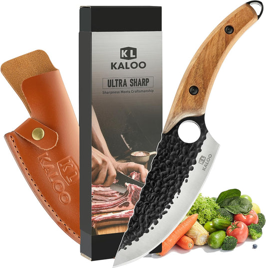 Japanese Chef Knife, Kaloo High Carbon Steel Hand Forged Butcher Viking Cleaver Kitchen Knife for Cooking, Chopping, Home and BBQ