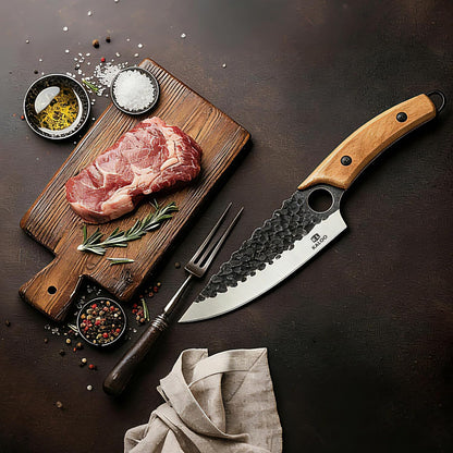 Japanese Chef Knife, Kaloo High Carbon Steel Hand Forged Butcher Viking Cleaver Kitchen Knife for Cooking, Chopping, Home and BBQ