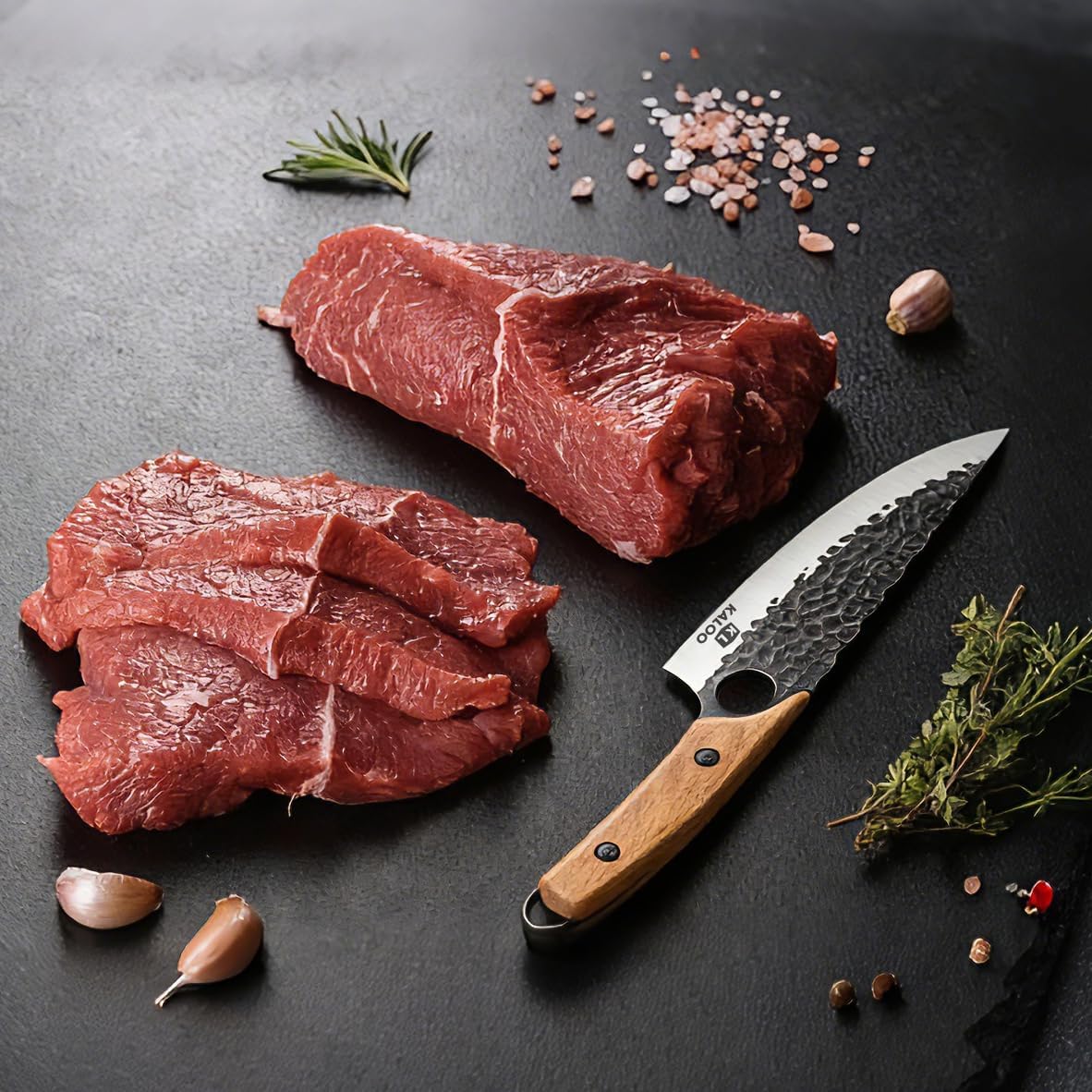 Japanese Chef Knife, Kaloo High Carbon Steel Hand Forged Butcher Viking Cleaver Kitchen Knife for Cooking, Chopping, Home and BBQ