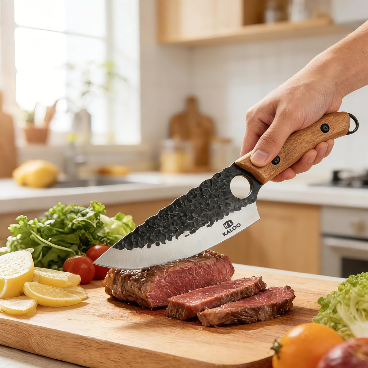 Japanese Chef Knife, Kaloo High Carbon Steel Hand Forged Butcher Viking Cleaver Kitchen Knife for Cooking, Chopping, Home and BBQ