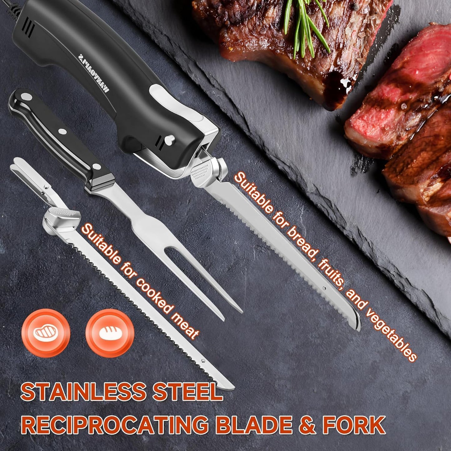 Electric Knife - Carving Knife Set, Black Ergonomic Handle Electric Knifes Cutting 2000 Times/Minute with 60-inch Power Cord, for Meat, Poultry, Bread, Brisket Slicing, Thanksgiving and Christmas Gift