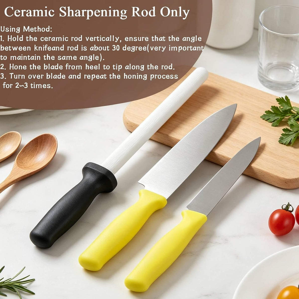 Ceramic Honing Rod Knife Sharpener Stick, 8inch Diamond Knife Sharpening Rod with Hanging Hook and Handle Flat Honing Steel for Knives