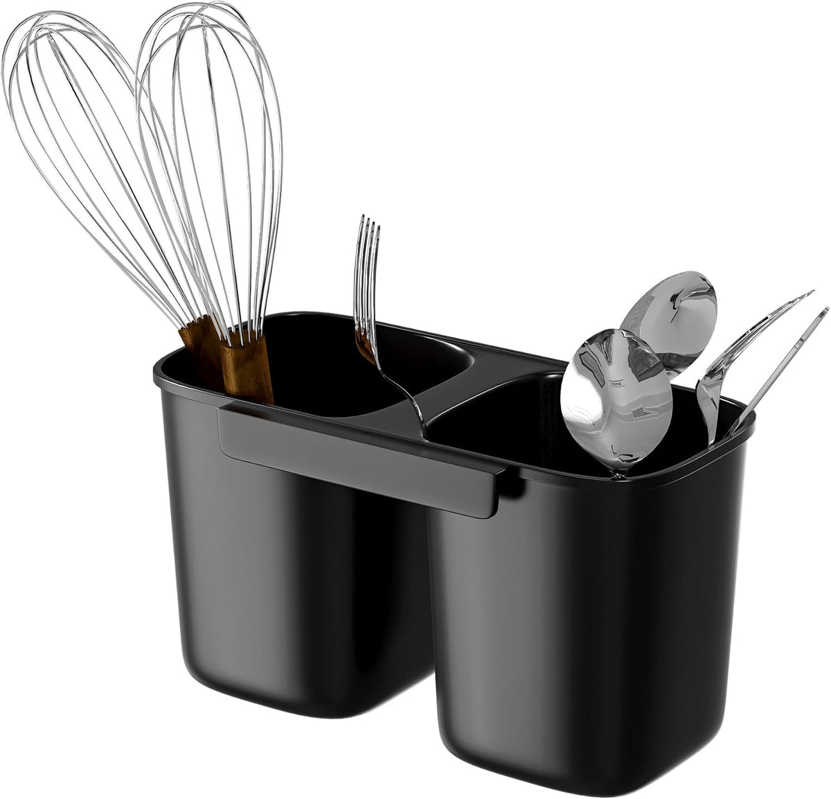 Dish Rack Utensil Holder, Hanging Cutlery Drainer Caddy with Hooks, 2 Compartment Flatware Organizer for Forks, Spoons, Knives, Fits Over Most Dish Drying Racks, Black