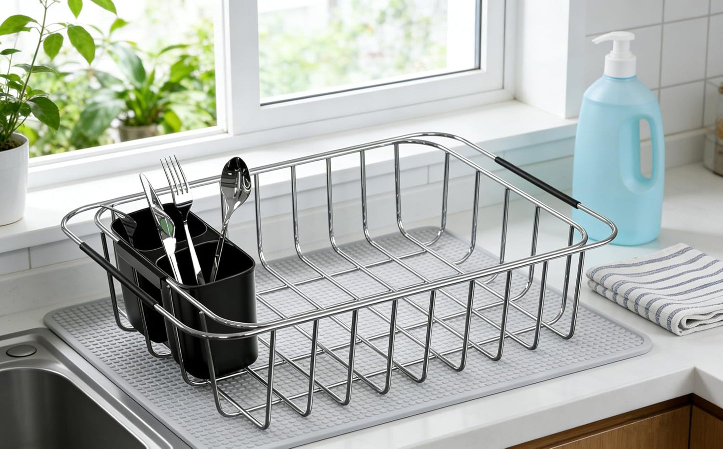 Dish Rack Utensil Holder, Hanging Cutlery Drainer Caddy with Hooks, 2 Compartment Flatware Organizer for Forks, Spoons, Knives, Fits Over Most Dish Drying Racks, Black
