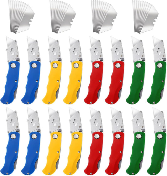 16 Pcs Folding Utility Knife 4 Color Retractable Box Cutter with 40pcs Extra Blades Heavy Duty Utility Knives for Cartons, Cardboard and Boxes