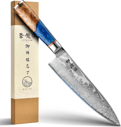 Japanese Chef Knife, 8 Inch Damascus Kitchen Knife with VG10 Steel, Ultra Sharp Professional Cooking Knives with Resin Wood Handle, Gift Box for Home & Restaurant