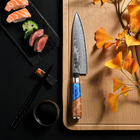 Japanese Chef Knife, 8 Inch Damascus Kitchen Knife with VG10 Steel, Ultra Sharp Professional Cooking Knives with Resin Wood Handle, Gift Box for Home & Restaurant
