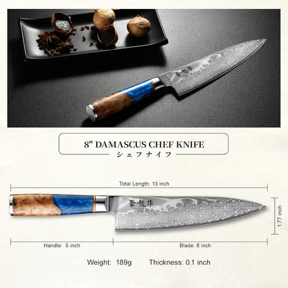 Japanese Chef Knife, 8 Inch Damascus Kitchen Knife with VG10 Steel, Ultra Sharp Professional Cooking Knives with Resin Wood Handle, Gift Box for Home & Restaurant