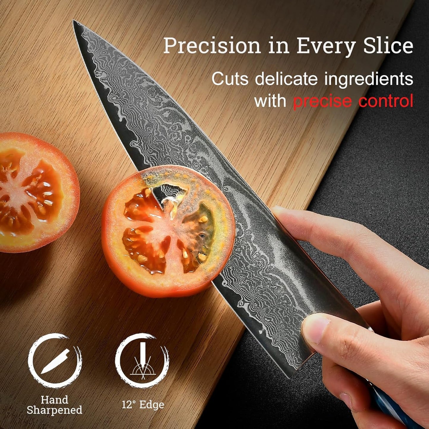 Japanese Chef Knife, 8 Inch Damascus Kitchen Knife with VG10 Steel, Ultra Sharp Professional Cooking Knives with Resin Wood Handle, Gift Box for Home & Restaurant