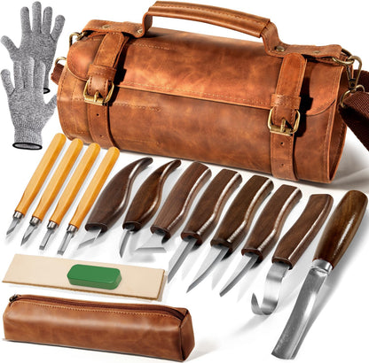 Wood Carving Kit 16-Piece | 8 Whittling Knives & 4 Detail Carving Knives, Walnut Handle High Carbon Steel Blades, with PU Leather Bag & Safety Gloves