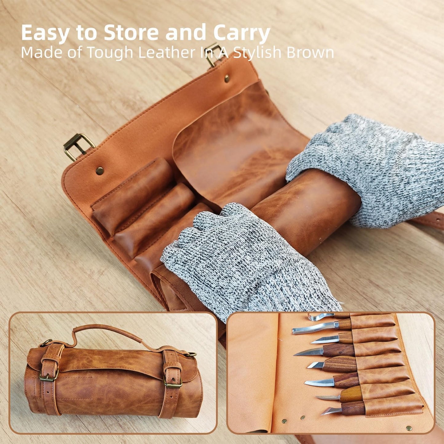 Wood Carving Kit 16-Piece | 8 Whittling Knives & 4 Detail Carving Knives, Walnut Handle High Carbon Steel Blades, with PU Leather Bag & Safety Gloves