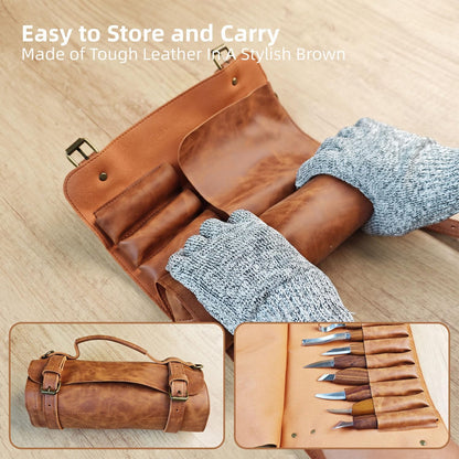 Wood Carving Kit 16-Piece | 8 Whittling Knives & 4 Detail Carving Knives, Walnut Handle High Carbon Steel Blades, with PU Leather Bag & Safety Gloves