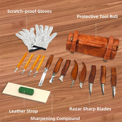Wood Carving Kit 16-Piece | 8 Whittling Knives & 4 Detail Carving Knives, Walnut Handle High Carbon Steel Blades, with PU Leather Bag & Safety Gloves