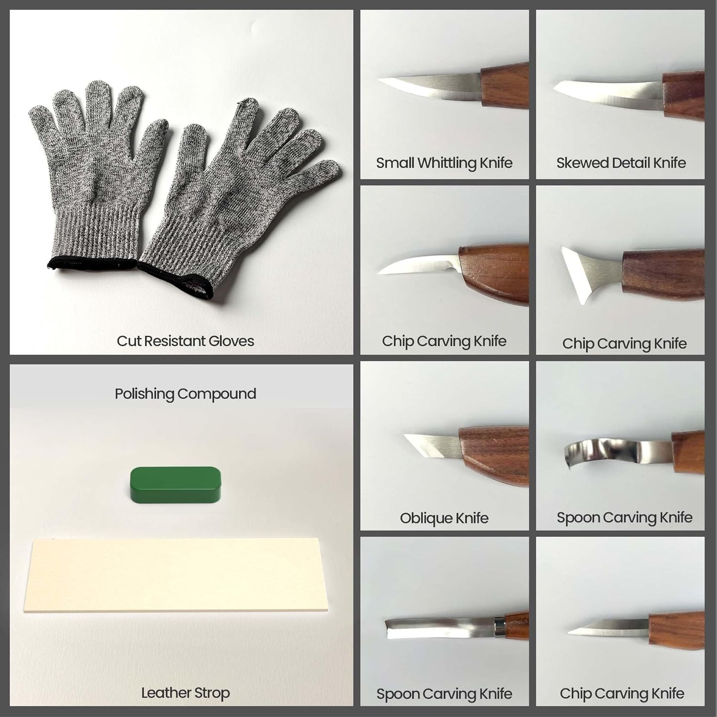 Wood Carving Kit 16-Piece | 8 Whittling Knives & 4 Detail Carving Knives, Walnut Handle High Carbon Steel Blades, with PU Leather Bag & Safety Gloves