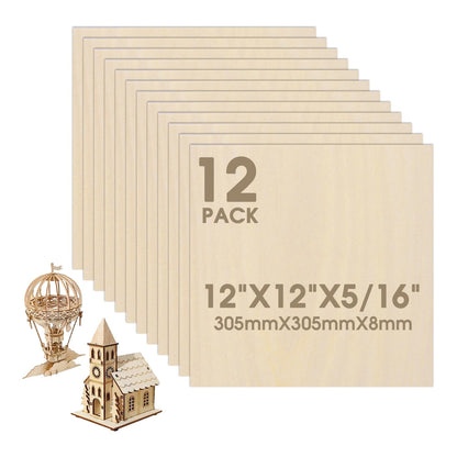 12 Pack Basswood Sheets 12"×12"×5/16" Unfinished Plywood Sheet