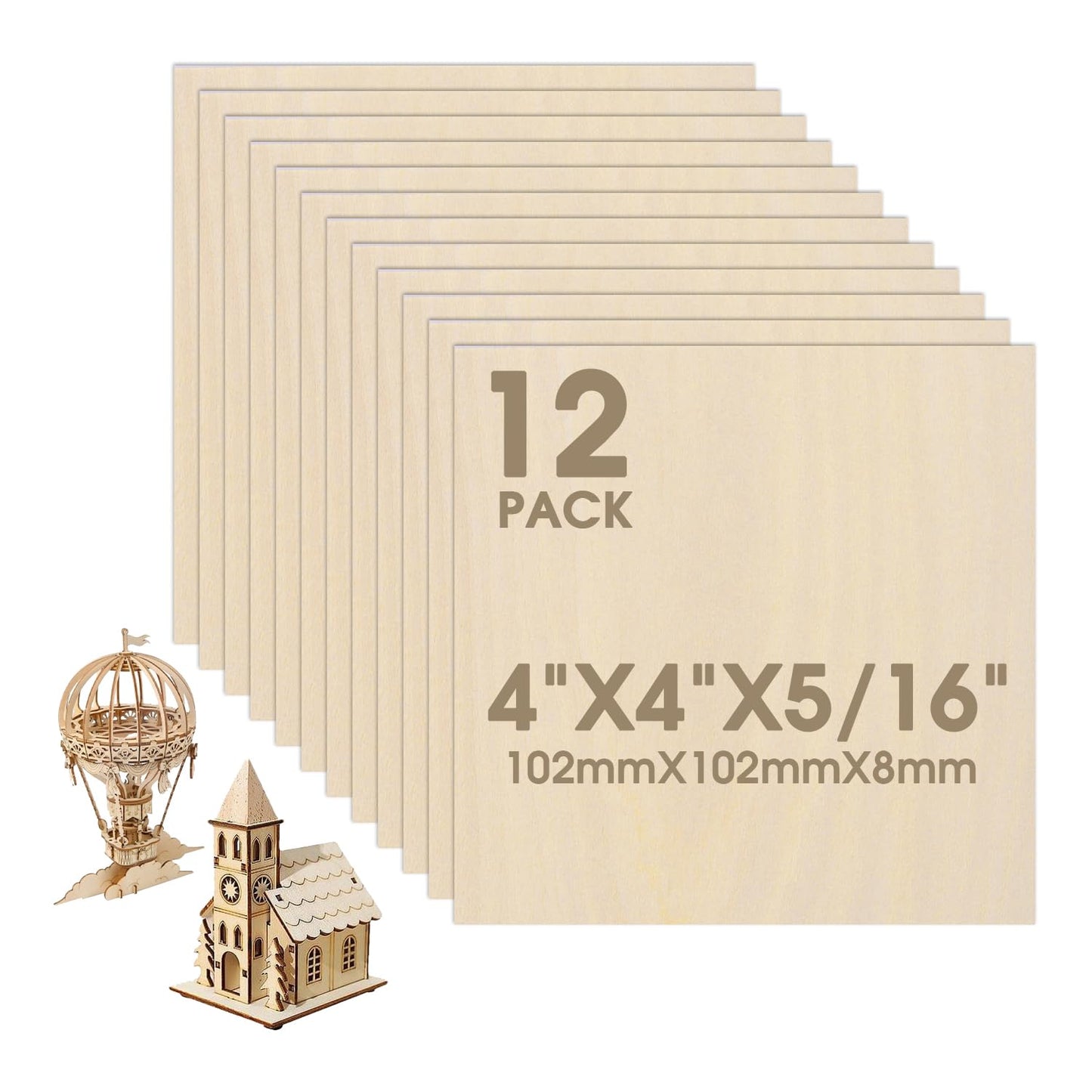 12 Pack Basswood Sheets 12"×12"×5/16" Unfinished Plywood Sheet