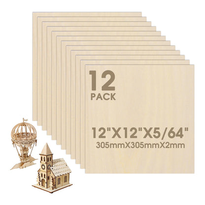 12 Pack Basswood Sheets 12"×12"×5/16" Unfinished Plywood Sheet