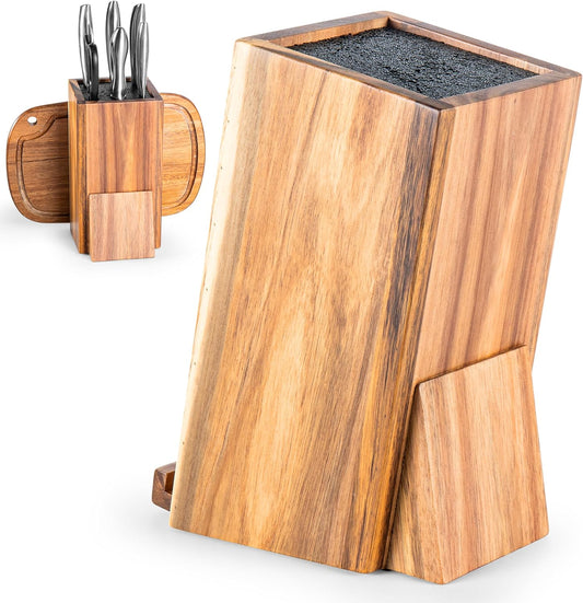 Acacia Wood Angled Knife Block with Multi-Purpose Holder – Universal Kitchen Knife Storage with Removable Bristle Insert (golden to medium brown, large)