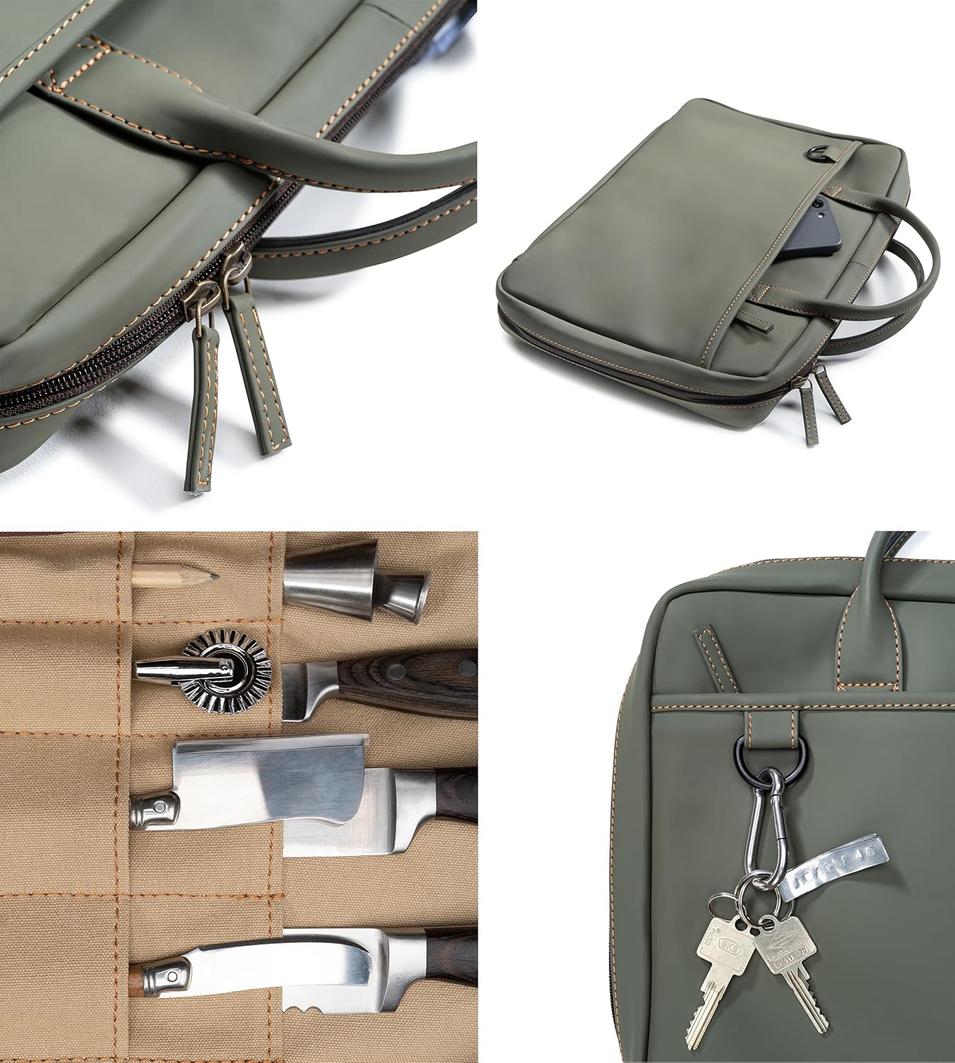 XXL premium knife case - extra large knife bag with extras and laptop compartment | water-repellent cooking bag Nelson (Olive-Green)