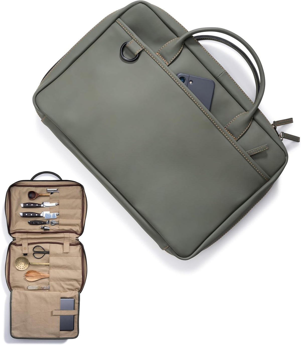 XXL premium knife case - extra large knife bag with extras and laptop compartment | water-repellent cooking bag Nelson (Olive-Green)