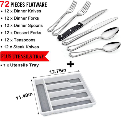 72-Piece Silverware Set with Steak Knives and Organizer Tray, Stainless Steel Cutlery Flatware Set for 12, Tableware Eating Utensils with Scalloped Edge, Dishwasher Safe, Mirror Polished