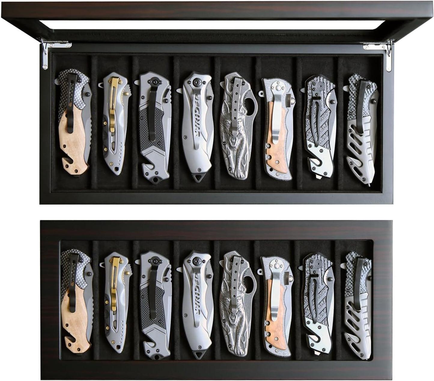 Knife Display Case Organizer storage 8 pocket knives, Folding Knife Holder with Real Glass Window Top， Pocket knife collection box for men gift (Ebony Veneer 8 slot)
