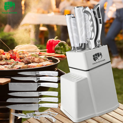 FULLHI 8pcs block Knife Set,chef's Knves Set with Block and Sharpener, Kitchen Knife Set,Multi-colour Handle, Gifts for Men Women
