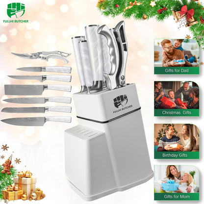 FULLHI 8pcs block Knife Set,chef's Knves Set with Block and Sharpener, Kitchen Knife Set,Multi-colour Handle, Gifts for Men Women