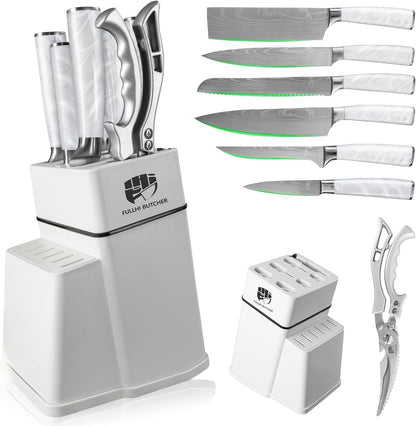 FULLHI 8pcs block Knife Set,chef's Knves Set with Block and Sharpener, Kitchen Knife Set,Multi-colour Handle, Gifts for Men Women