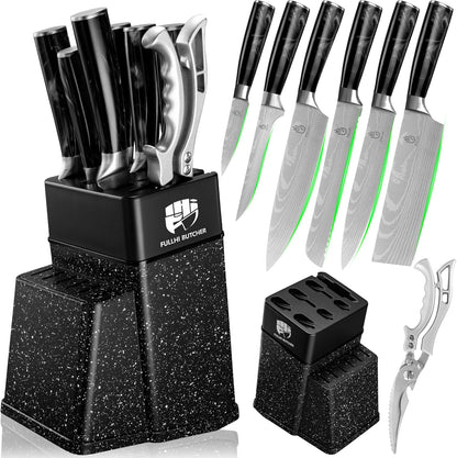 FULLHI 8pcs block Knife Set,chef's Knves Set with Block and Sharpener, Kitchen Knife Set,Multi-colour Handle, Gifts for Men Women