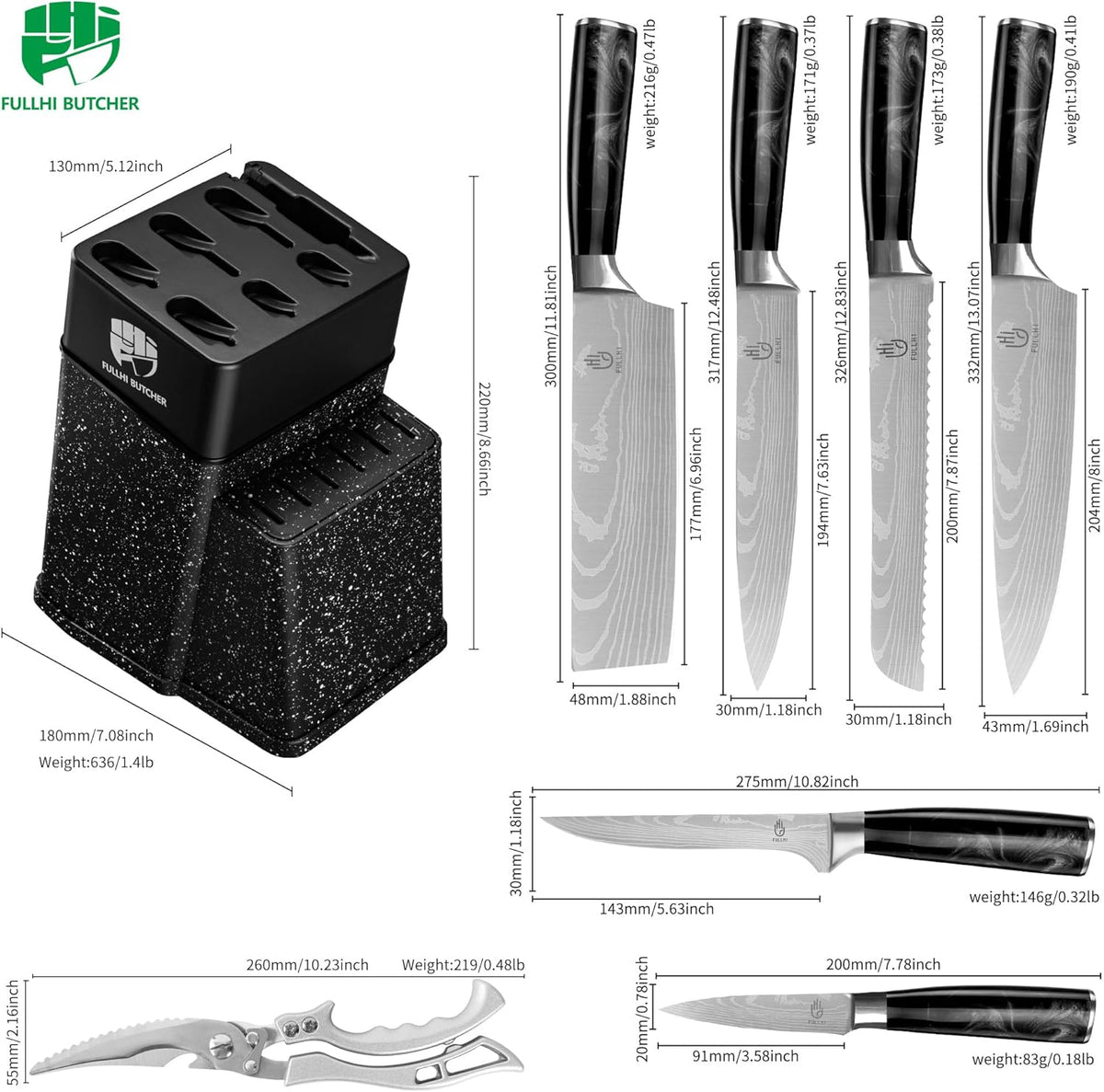 FULLHI 8pcs block Knife Set,chef's Knves Set with Block and Sharpener, Kitchen Knife Set,Multi-colour Handle, Gifts for Men Women