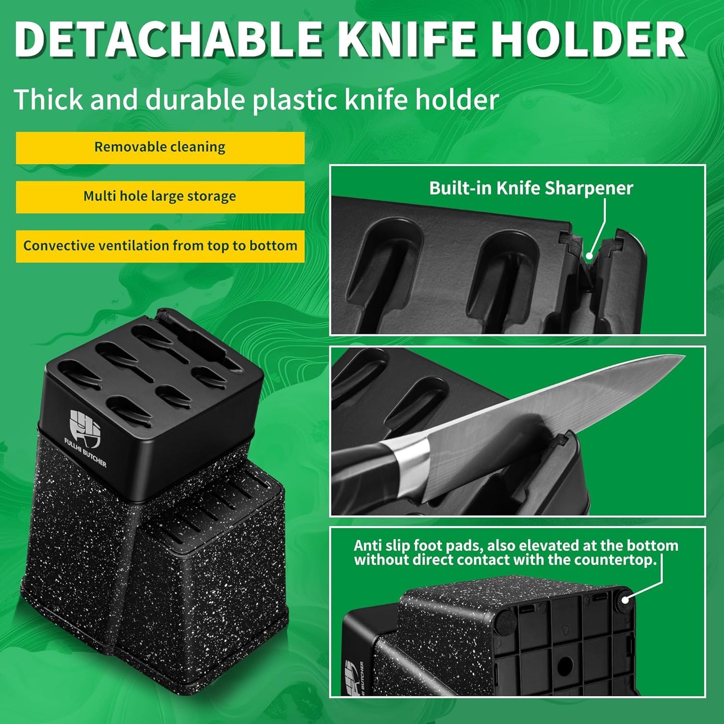 FULLHI 8pcs block Knife Set,chef's Knves Set with Block and Sharpener, Kitchen Knife Set,Multi-colour Handle, Gifts for Men Women