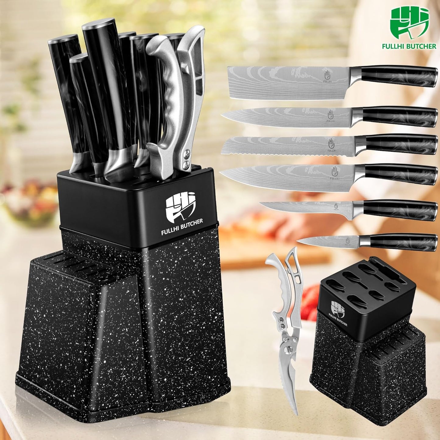FULLHI 8pcs block Knife Set,chef's Knves Set with Block and Sharpener, Kitchen Knife Set,Multi-colour Handle, Gifts for Men Women