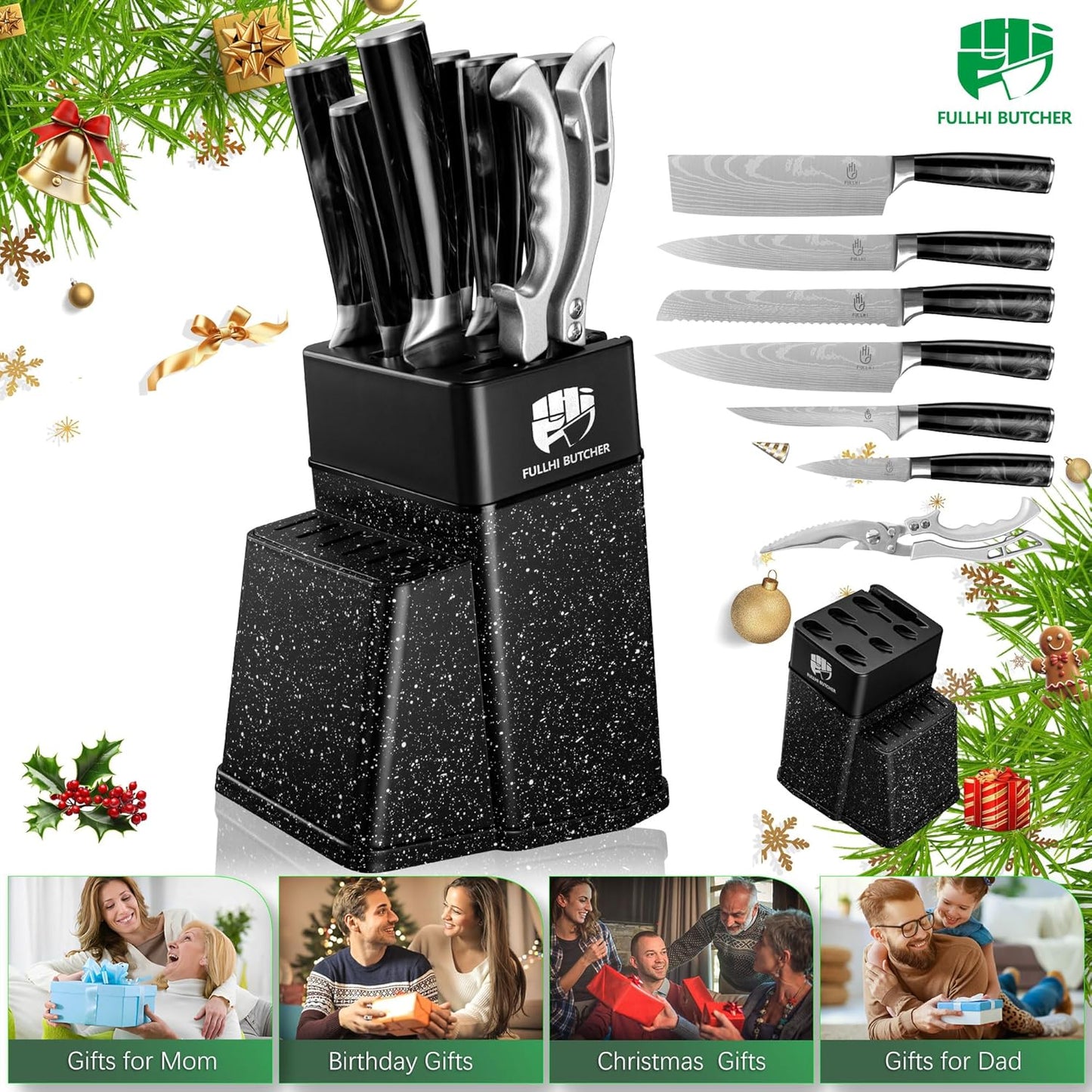 FULLHI 8pcs block Knife Set,chef's Knves Set with Block and Sharpener, Kitchen Knife Set,Multi-colour Handle, Gifts for Men Women