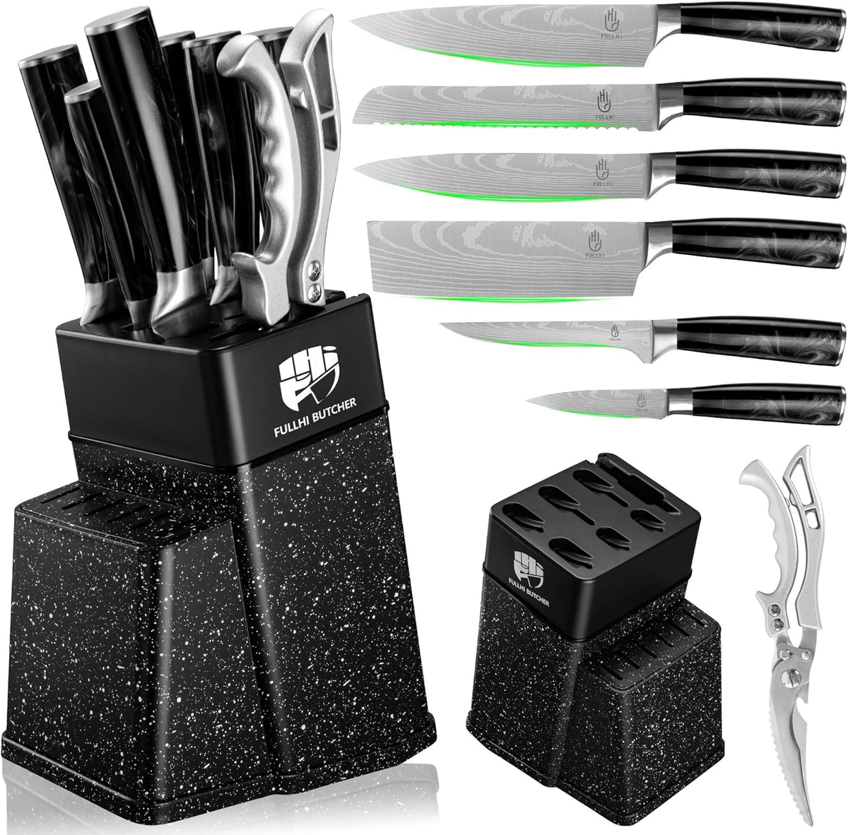 FULLHI 8pcs block Knife Set,chef's Knves Set with Block and Sharpener, Kitchen Knife Set,Multi-colour Handle, Gifts for Men Women