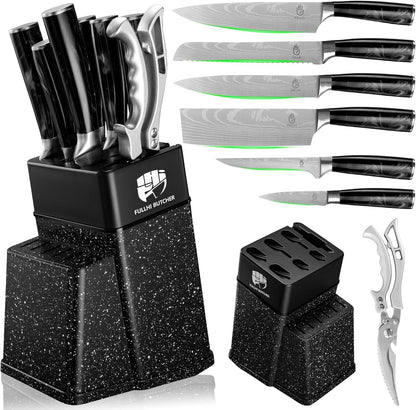 FULLHI 8pcs block Knife Set,chef's Knves Set with Block and Sharpener, Kitchen Knife Set,Multi-colour Handle, Gifts for Men Women