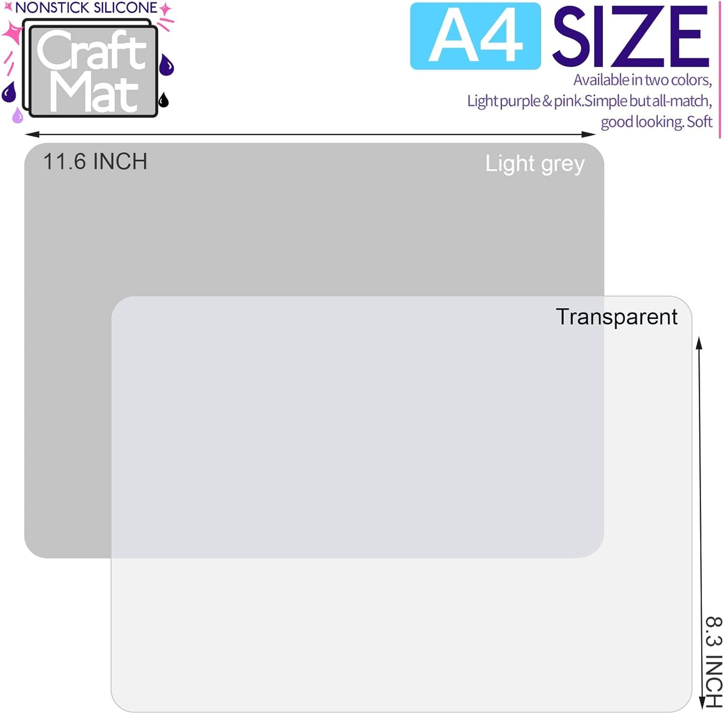 Silicone Mats for Crafts, 2 Pcs 11.69" x 8.26" Silicone Mats for Resin, Paint Clay Play Dough Mat, DIY Arts and Crafts, Light Gray & Clear