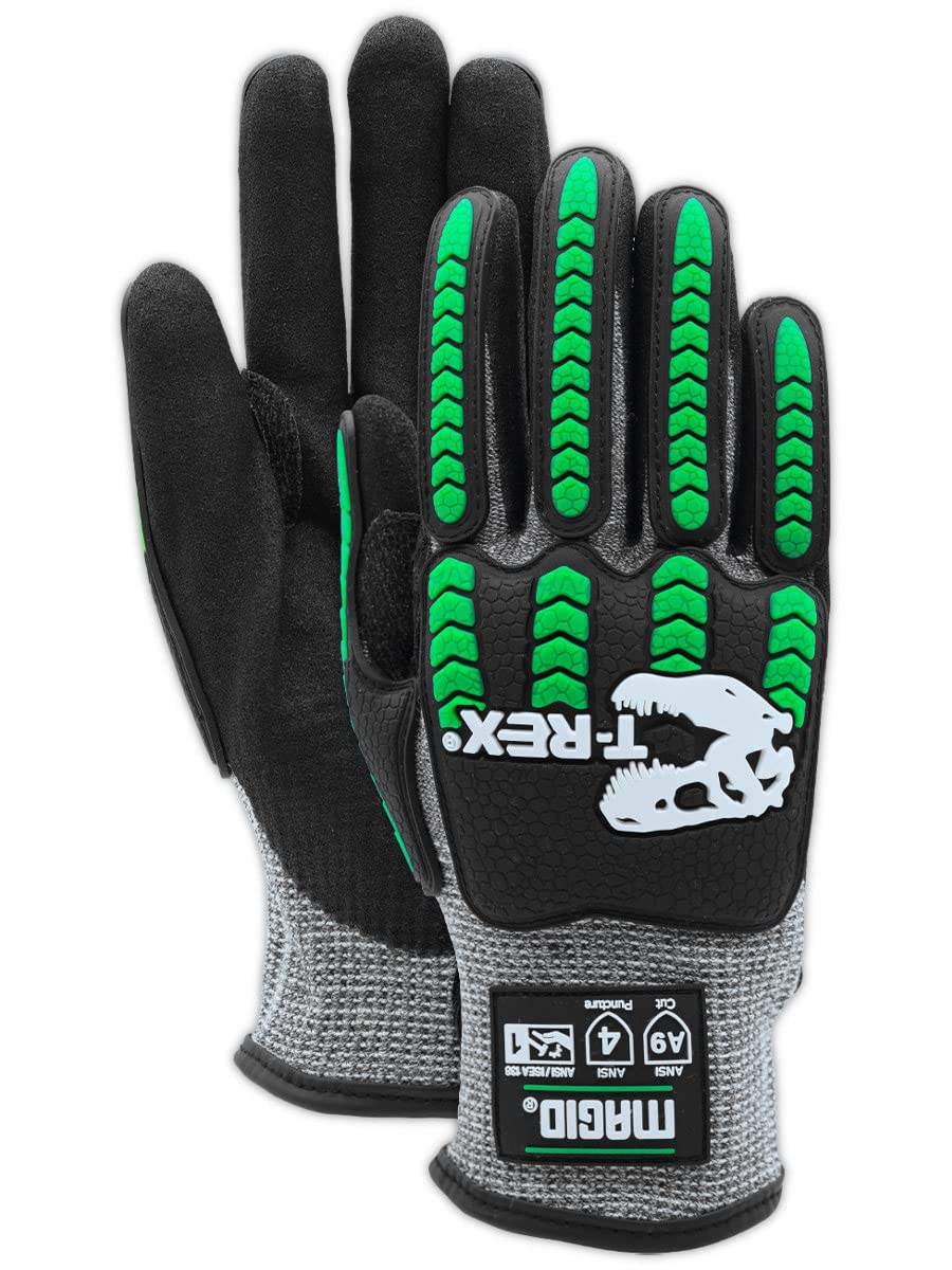 MAGID T-REX Flex Series ANSI Cut Level A9 Knit Impact Glove, 1 Pair, NitriX Palm, Size 7/S, Black & Green, TRX795