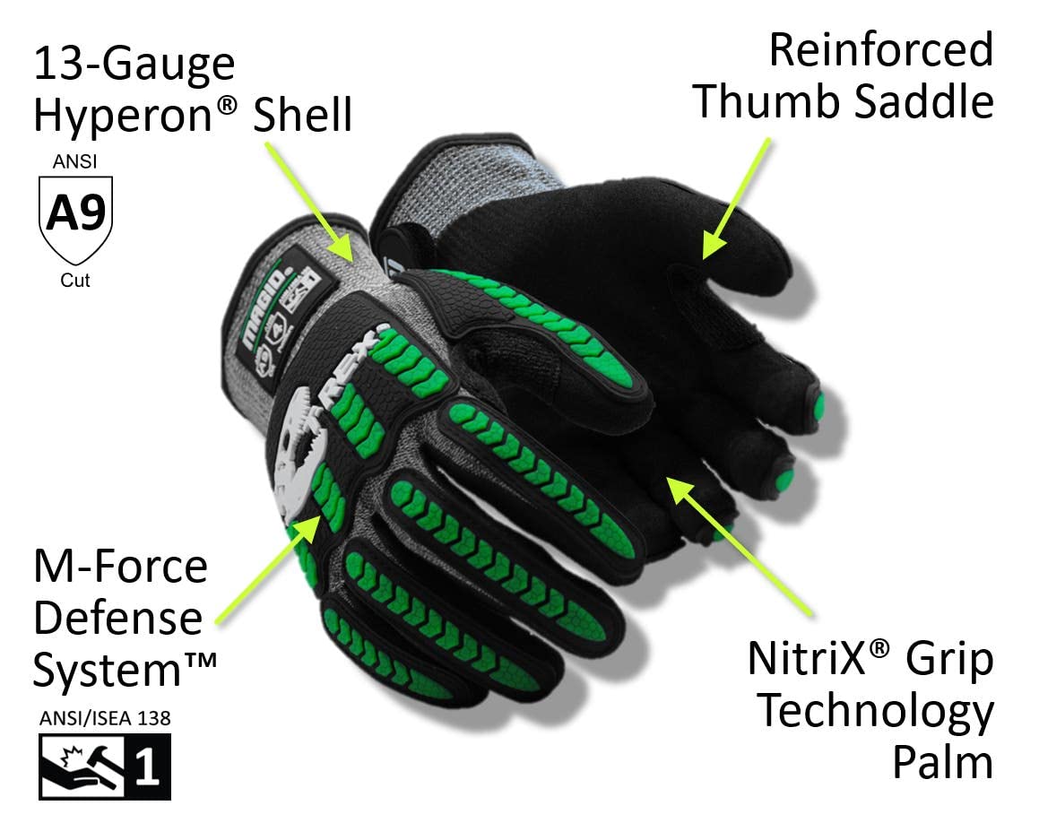 MAGID T-REX Flex Series ANSI Cut Level A9 Knit Impact Glove, 1 Pair, NitriX Palm, Size 7/S, Black & Green, TRX795