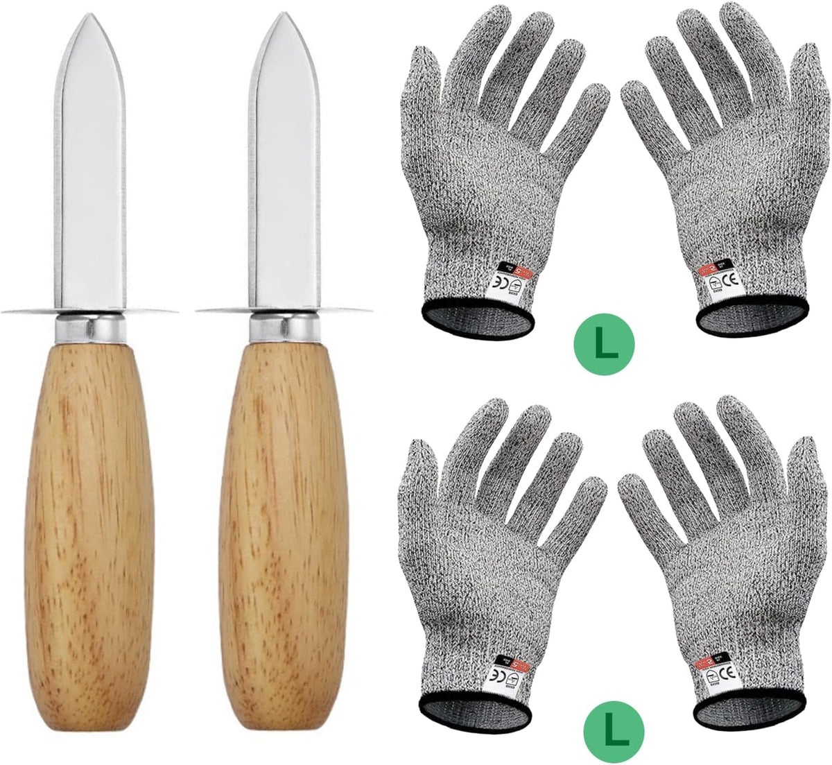 2Oyster Knife Wooden Handle Oyster Shucking Knife Stainless Steel with 2Pairs Level 5 Cut-Resistant Gloves, Oyster Shucker Opener for Kitchen