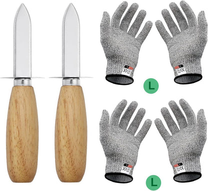 2Oyster Knife Wooden Handle Oyster Shucking Knife Stainless Steel with 2Pairs Level 5 Cut-Resistant Gloves, Oyster Shucker Opener for Kitchen