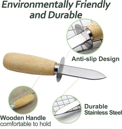 2Oyster Knife Wooden Handle Oyster Shucking Knife Stainless Steel with 2Pairs Level 5 Cut-Resistant Gloves, Oyster Shucker Opener for Kitchen