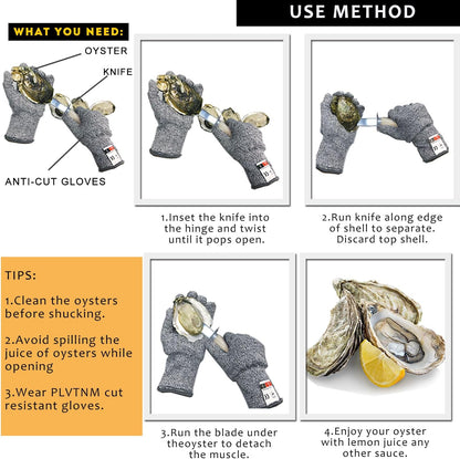 2Oyster Knife Wooden Handle Oyster Shucking Knife Stainless Steel with 2Pairs Level 5 Cut-Resistant Gloves, Oyster Shucker Opener for Kitchen