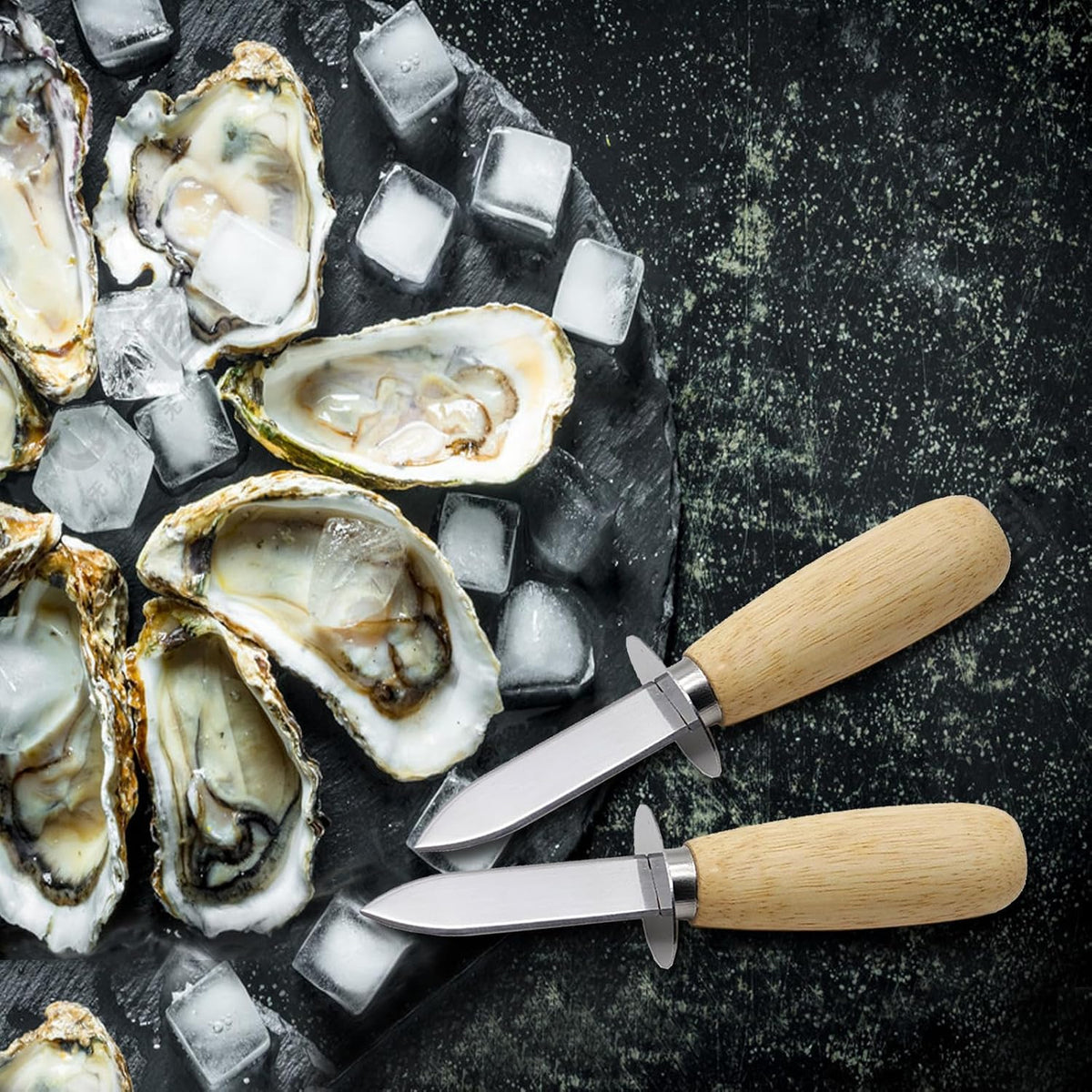 2Oyster Knife Wooden Handle Oyster Shucking Knife Stainless Steel with 2Pairs Level 5 Cut-Resistant Gloves, Oyster Shucker Opener for Kitchen